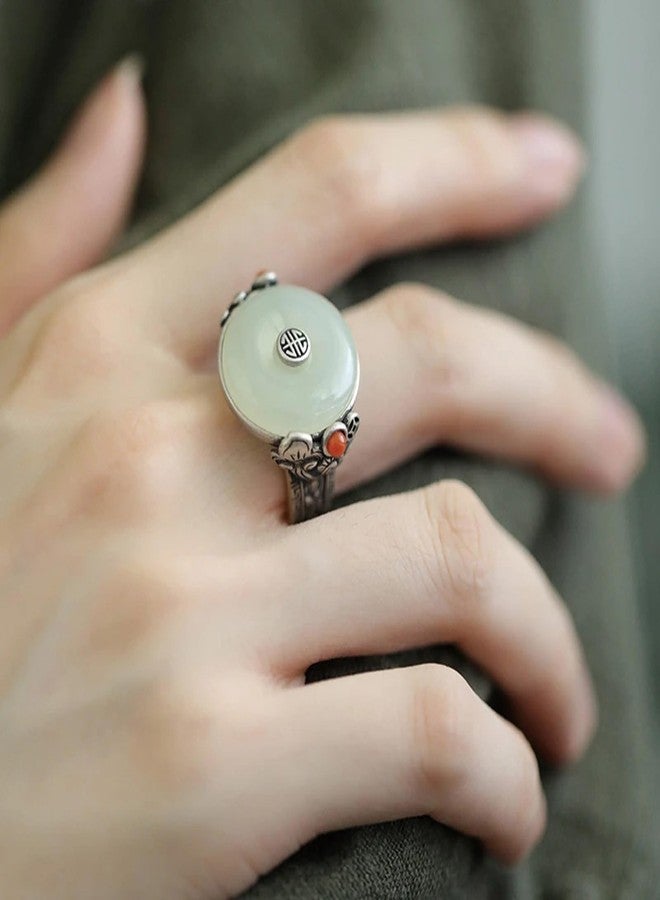 vinsiora Chinese Vintage Jade And Silver Ring With Ornate Detailing Design, a Hanfu Accessory Featuring An Open Design That Is Adjustable In Size (Jade Ring) - Image 4